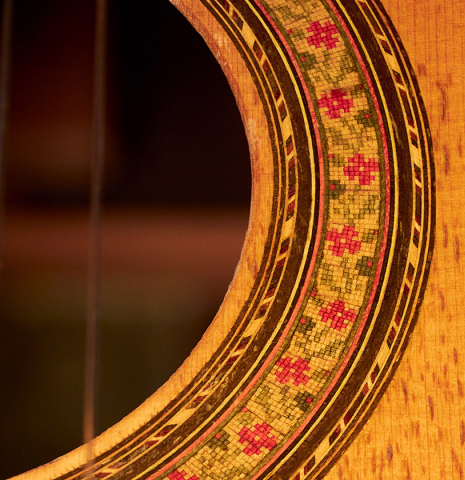 A close-up of the rosette of a 1964 Manuel de la Chica (ex Frederick Noad) classical guitar made of spruce and CSA rosewood