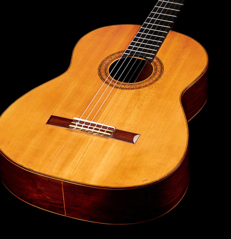 The soundboard of a 1964 Manuel de la Chica (ex Frederick Noad) classical guitar made of spruce and CSA rosewood