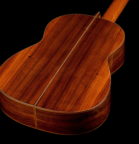 The back and sides of a 1969 Manuel de la Chica classical guitar made of cedar and CSA rosewood