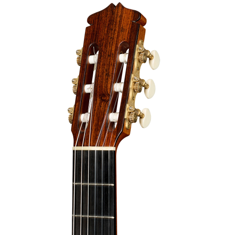 The headstock of a 1969 Manuel de la Chica classical guitar made of cedar and CSA rosewood
