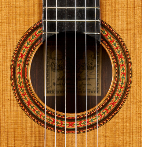 The rosette of a 1969 Manuel de la Chica classical guitar made of cedar and CSA rosewood