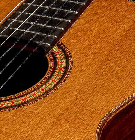 The soundboard and rosette of a 1969 Manuel de la Chica classical guitar made of cedar and CSA rosewood