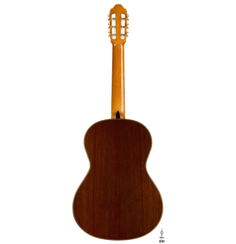 The back of a 2025 Moonseok Choi classical guitar made of spruce and Indian rosewood