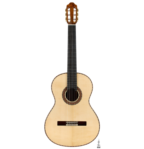 The front of a 2025 Moonseok Choi classical guitar made of spruce and Indian rosewood