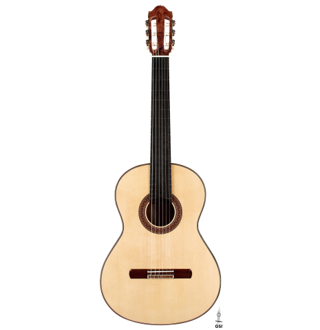 The front of a 2023 Moonseok Choi classical guitar made with spruce and African rosewood.