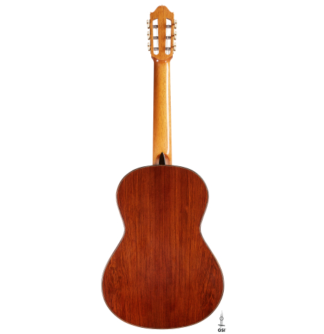 The back of a 2024 Moonseok Choi "Nomad" classical guitar made of spruce and African rosewood