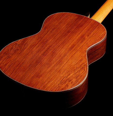The back and sides of a 2024 Moonseok Choi "Nomad" classical guitar made of spruce and African rosewood