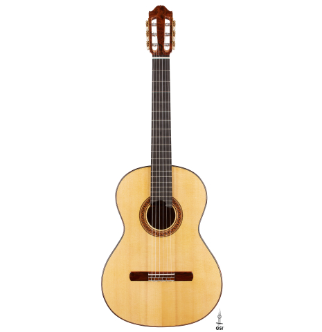 The front of a 2024 Moonseok Choi "Nomad" classical guitar made of spruce and African rosewood