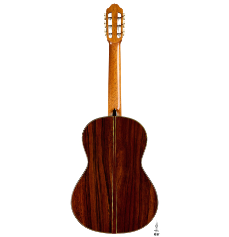 The back of a 2025 Moonseok Choi classical guitar made of cedar and African rosewood