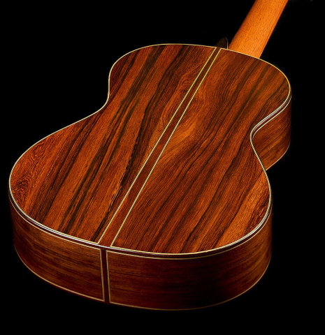 The back and sides of a 2025 Moonseok Choi classical guitar made of cedar and African rosewood