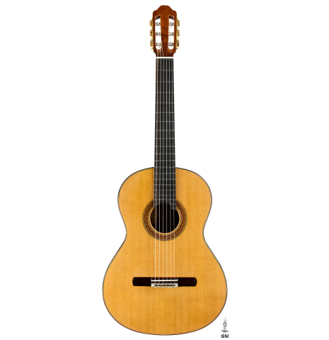 The front of a 2025 Moonseok Choi classical guitar made of cedar and African rosewood
