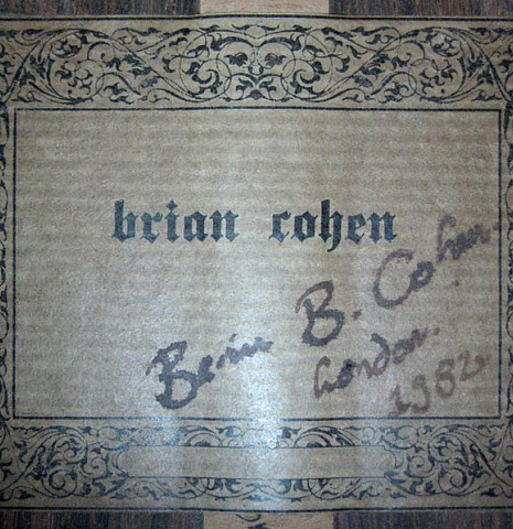 The label of a 1982 Brian Cohen classical guitar made with cedar and CSA rosewood