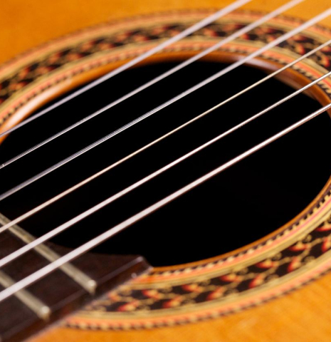 The rosette of a 1982 Brian Cohen classical guitar made with cedar and CSA rosewood