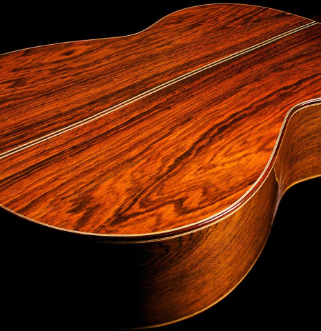 The back and sides of a 1982 Brian Cohen classical guitar made with cedar and CSA rosewood