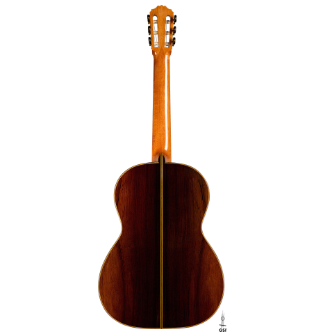 The back of a 2001 Brian Cohen classical guitar made with spruce and CSA rosewood