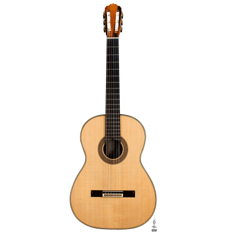 The front of a 2001 Brian Cohen classical guitar made with spruce and CSA rosewood