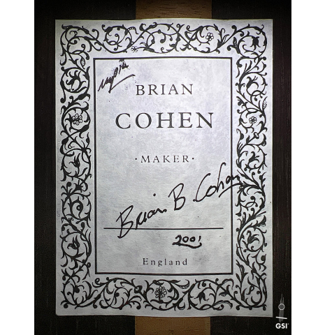The label of a 2001 Brian Cohen classical guitar made with spruce and CSA rosewood