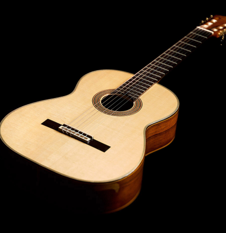 The soundboard of a 2001 Brian Cohen classical guitar made with spruce and CSA rosewood