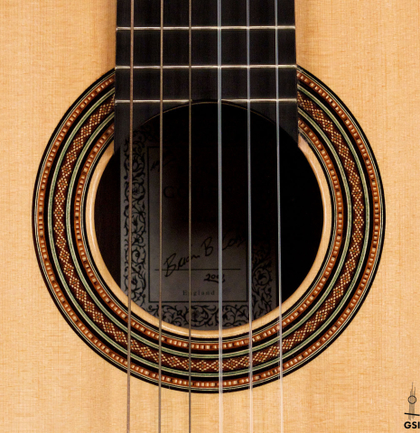 The rosette of a 2001 Brian Cohen classical guitar made with spruce and CSA rosewood