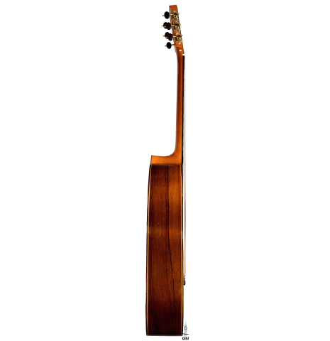 The side of a 2001 Brian Cohen classical guitar made with spruce and CSA rosewood