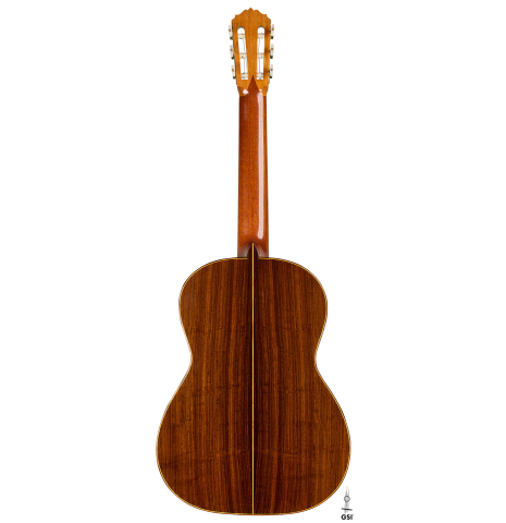 The back of a 1990 Brian Cohen classical guitar made of spruce and Indian rosewood