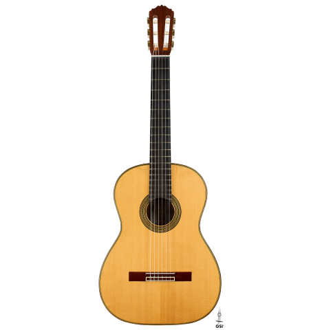 The front of a 1990 Brian Cohen classical guitar made of spruce and Indian rosewood