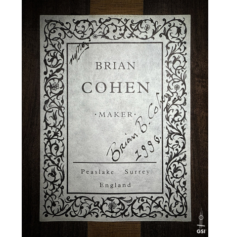 The label of a 1990 Brian Cohen classical guitar made of spruce and Indian rosewood