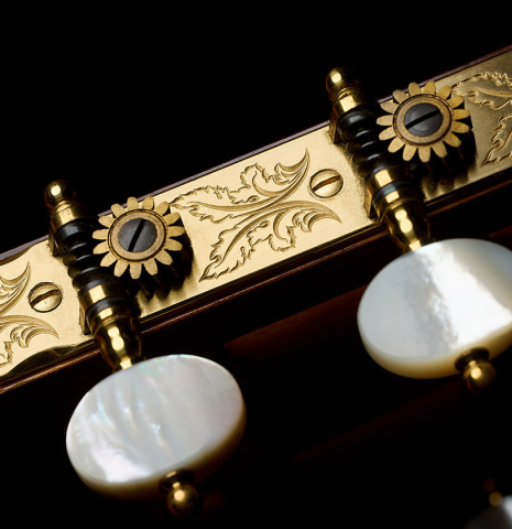The Rodgers tuners of a 1990 Brian Cohen classical guitar made of spruce and Indian rosewood