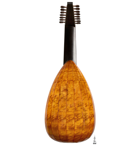 The back of a 1994 Brian Cohen "8-Course Renaissance Lute" made of spruce and maple
