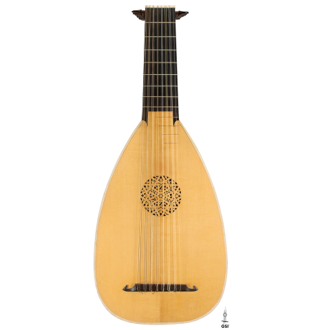 The front of a 1994 Brian Cohen "8-Course Renaissance Lute" made of spruce and maple