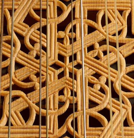 The carved "rose" of a 1994 Brian Cohen "8-Course Renaissance Lute" made of spruce and maple