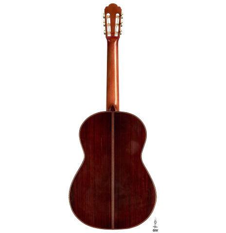 The back of a 1934 Enrique Coll classical guitar made of spruce and CSA rosewood