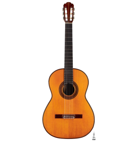 The front of a 1934 Enrique Coll classical guitar made of spruce and CSA rosewood