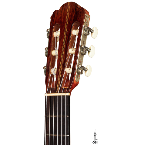 The headstock of a 1934 Enrique Coll classical guitar made of spruce and CSA rosewood