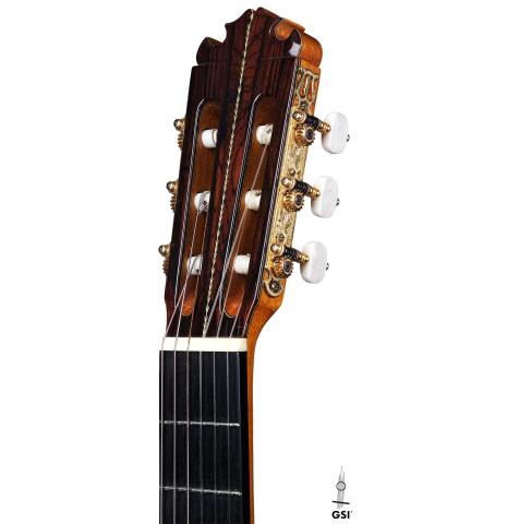The headstock of a 2003 Manuel Contreras II "Double Top" CD/CSAR (ex Pepe Romero) classical guitar