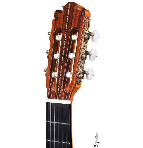 The headstock of a 2009 Manuel Contreras II "Especial" classical guitar made of spruce and African rosewood