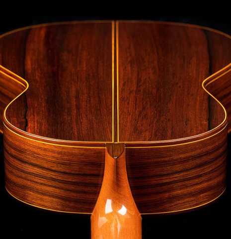The back and sides at the heel of a 2009 Manuel Contreras II "Especial" classical guitar made of spruce and African rosewood