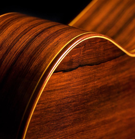 The back and sides of a 2009 Manuel Contreras II "Especial" classical guitar made of spruce and African rosewood
