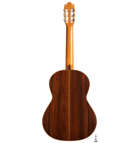 The back of a 2009 Manuel Contreras II "Especial" classical guitar made of spruce and African rosewood