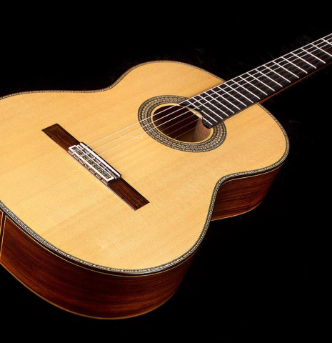 The soundboard of a 2005 Manuel Contreras II "Double Top" classical guitar made of spruce and CSA rosewood