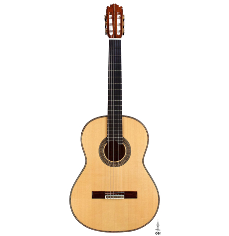 The front of a 2005 Manuel Contreras II "Double Top" classical guitar made of spruce and CSA rosewood