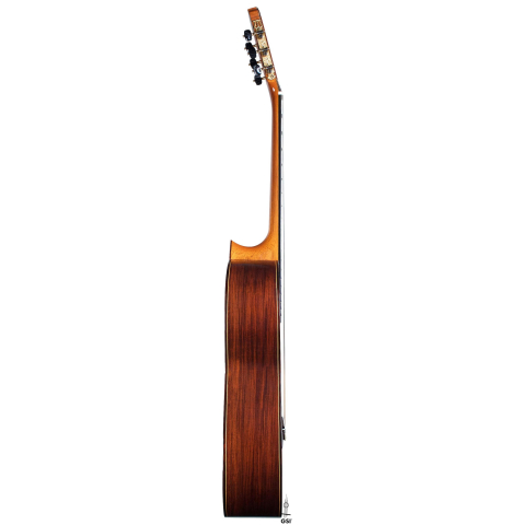 The side of a 2005 Manuel Contreras II "Double Top" classical guitar made of spruce and CSA rosewood