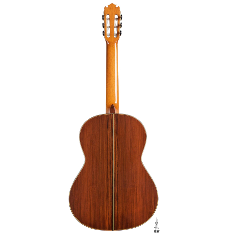 The back of a 2005 Manuel Contreras II "Double Top" classical guitar made of spruce and CSA rosewood
