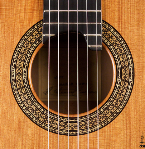 The rosette of a 2009 Manuel Contreras II "Double Top" classical guitar made with cedar top and CSA rosewood back and sides.