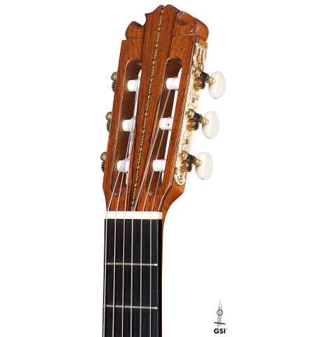The headstock of a 2009 Manuel Contreras II "Double Top" classical guitar made with cedar top and CSA rosewood back and sides.