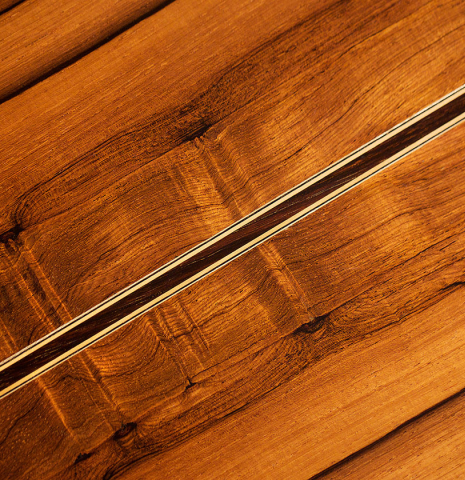 The back of a 2009 Manuel Contreras II "Double Top" classical guitar made with cedar top and CSA rosewood back and sides.