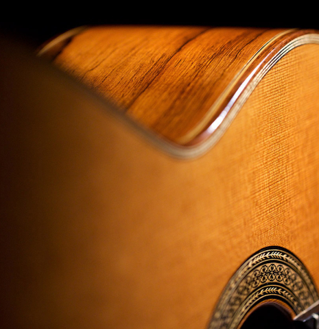 The soundboard of a 2009 Manuel Contreras II "Double Top" classical guitar made with cedar top and CSA rosewood back and sides.