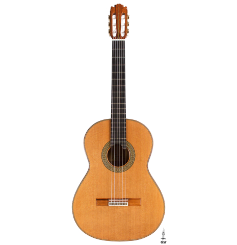 The front of a 2009 Manuel Contreras II "Double Top" classical guitar made with cedar top and CSA rosewood back and sides.