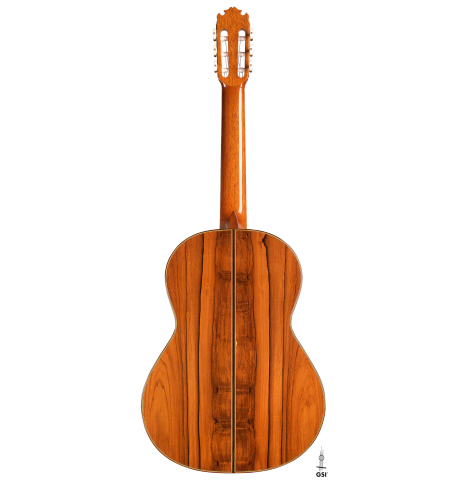 The back of a 2009 Manuel Contreras II "Double Top" classical guitar made with cedar top and CSA rosewood back and sides.