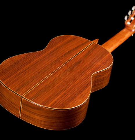 The back and sides of a 1966 Manuel Contreras classical guitar made with cedar and Indian rosewood